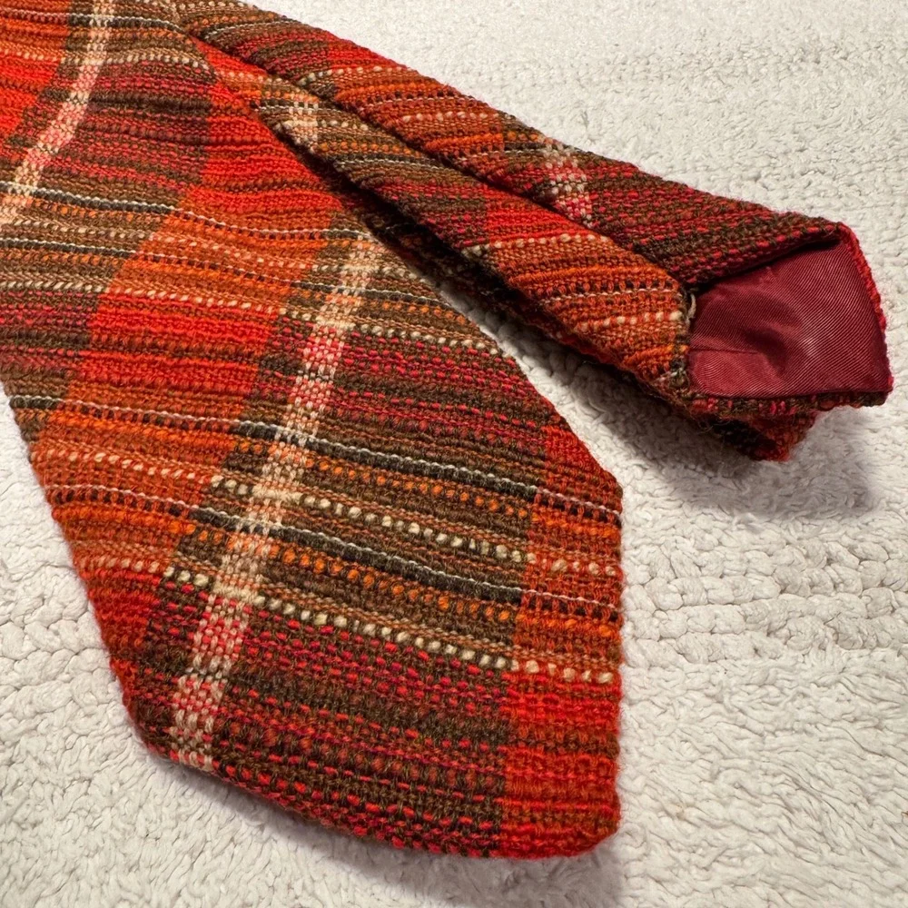 Vintage Maria Svatina Tie Orange Plaid Virgin Wool Handwoven Heritage Necktie